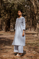 Blue Striped Hand Embroidered Cotton Three Panel Kurta Set (set of 2)