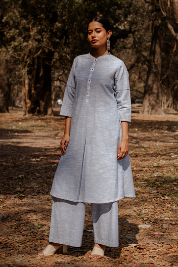 Blue Stripe Cotton Inverted Pleat Kurta Set (Set of 2)