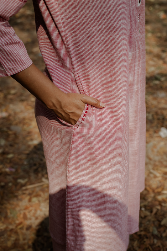 Red Stripe Cotton Inverted Pleat Kurta Set (Set of 2)