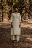 Yellow Striped Hand Embroidered Cotton Three Panel Kurta Set (set of 2)