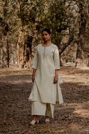 Yellow Striped Hand Embroidered Cotton Three Panel Kurta Set (set of 2)