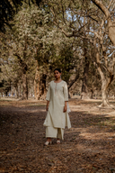Yellow Striped Hand Embroidered Cotton Three Panel Kurta Set (set of 2)