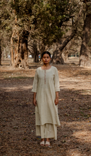 Yellow Striped Hand Embroidered Cotton Three Panel Kurta Set (set of 2)