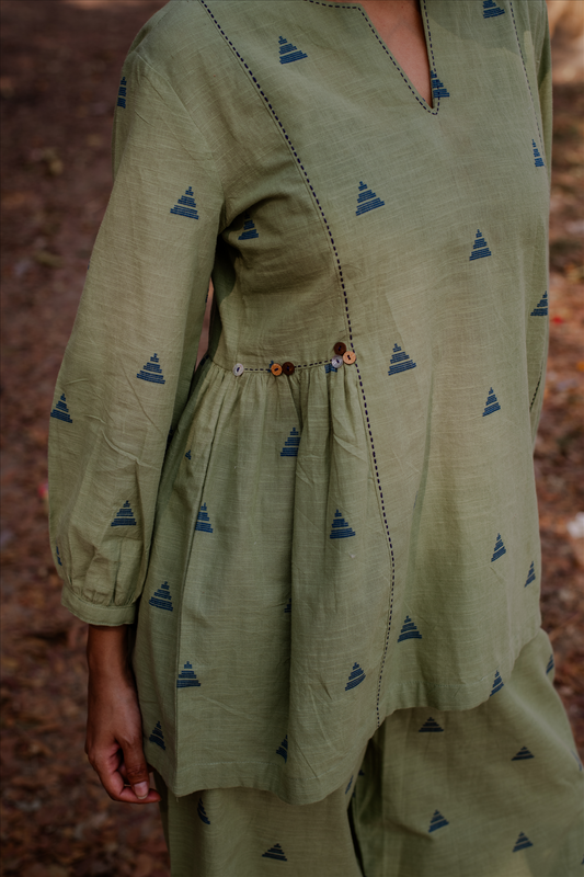 Olive Green Cotton Woven Buti Side Gather Top