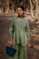 Olive Green Cotton Woven Buti Gather Top