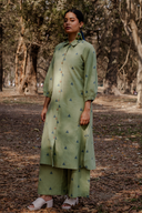Olive Green Cotton Front Open Shirt Collar Kurta Set (set of 2)