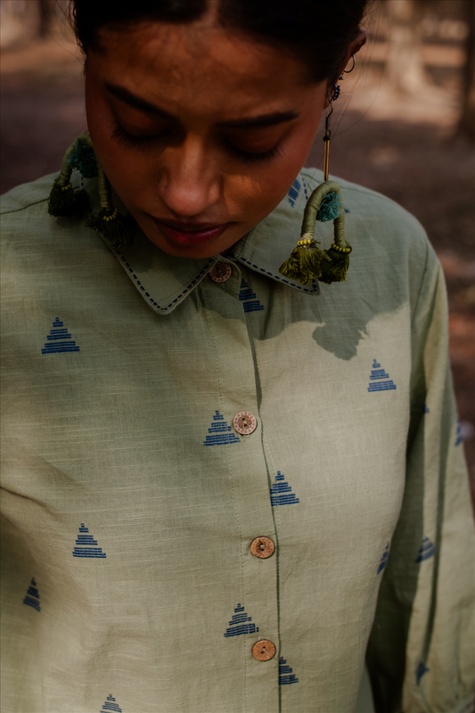 Olive Green Cotton Front Open Shirt Collar Kurta Set (set of 2)