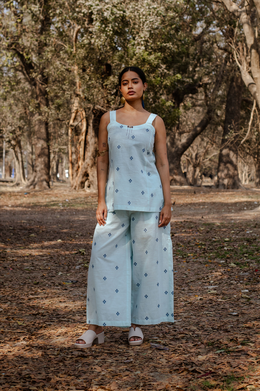 Powder Blue Cotton Woven Buti Sleeveless Top