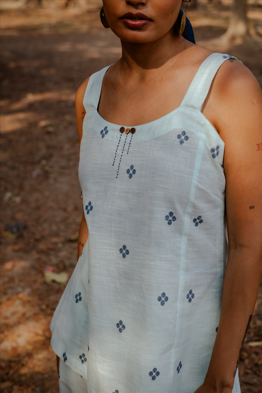 Powder Blue Cotton Woven Buti Sleeveless Co-ord Set (set of 2)