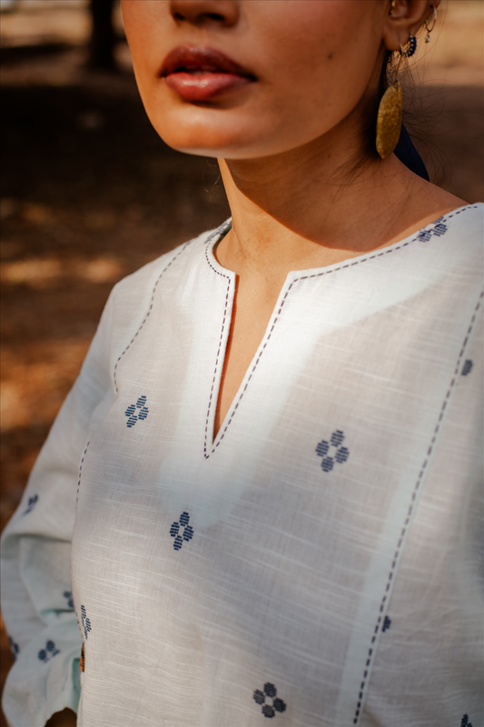 Powder Blue Cotton Woven Buti Side Gather Top