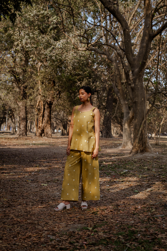 Mustard Cotton Woven Buti Sleeveless Co-ord Set (set of 2)