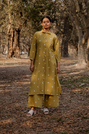 Mustard Cotton Front Open Shirt Collar Kurta Set (set of 2)