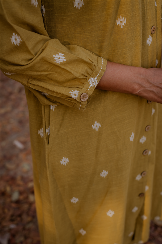 Mustard Cotton Front Open Shirt Collar Kurta Set (set of 2)