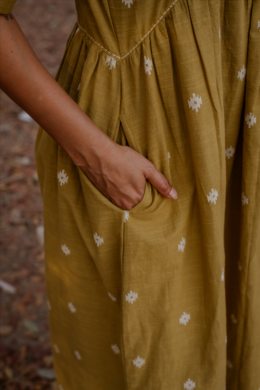 Mustard Cotton Woven Buti Dress