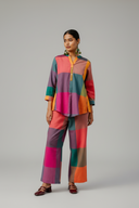 Mustard Multicolour Checks Handloom Cotton Antifit Top with Button Detailing
