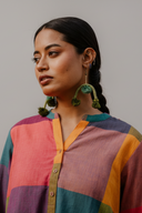 Mustard Multicolour Checks Handloom Cotton Antifit Top with Button Detailing