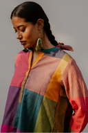 Mustard Multicolour Checks Handloom Cotton Antifit Top with Button Detailing
