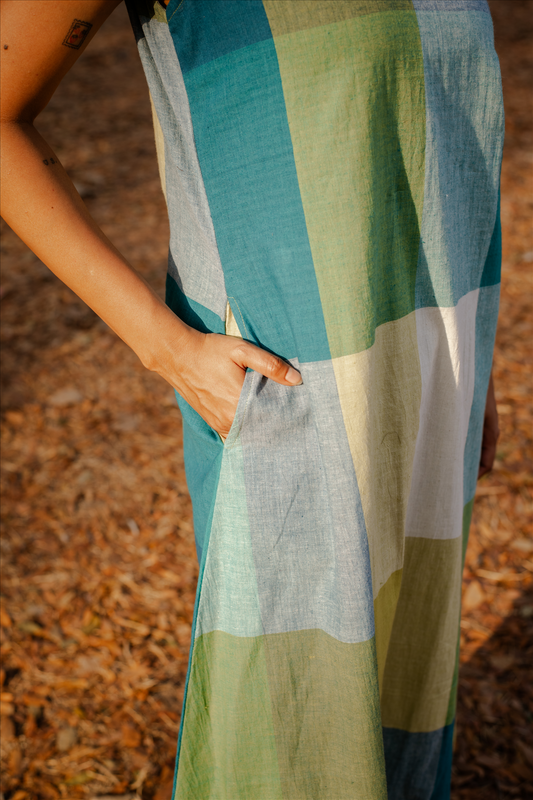 Lime Checks Handloom Cotton Halter Neck Kurta Set with Lime Checks Flared Pants (set of 2)