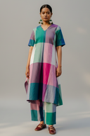 Teal Checks Hand Embroidered Handloom Cotton A-line Kurta Set (set of 2)