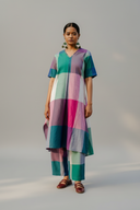 Teal Checks Hand Embroidered Handloom Cotton A-line Kurta Set (set of 2)
