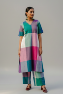 Teal Checks Hand Embroidered Handloom Cotton A-line Kurta Set (set of 2)