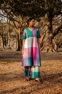 Teal Checks Hand Embroidered Handloom Cotton A-line Dress