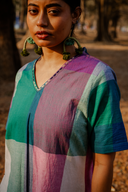 Teal Checks Hand Embroidered Handloom Cotton A-line Kurta Set (set of 2)