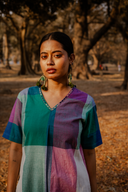 Teal Checks Hand Embroidered Handloom Cotton A-line Dress