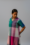Teal Checks Hand Embroidered Handloom Cotton A-line Kurta Set (set of 2)