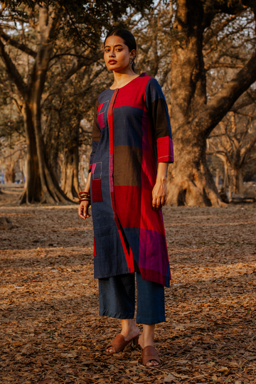 Red-Blue Checks Hand Embroidered Handloom Cotton Half & Half Kurta Set with Red-Blue Checks Flared Pants (set of 2)