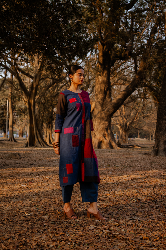 Red-Blue Checks Hand Embroidered Handloom Cotton Half & Half Kurta Set with Red-Blue Checks Flared Pants (set of 2)