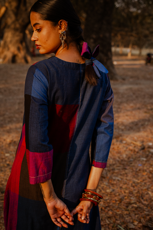 Red-Blue Checks Hand Embroidered Handloom Cotton Half & Half Kurta Set with Red-Blue Checks Flared Pants (set of 2)