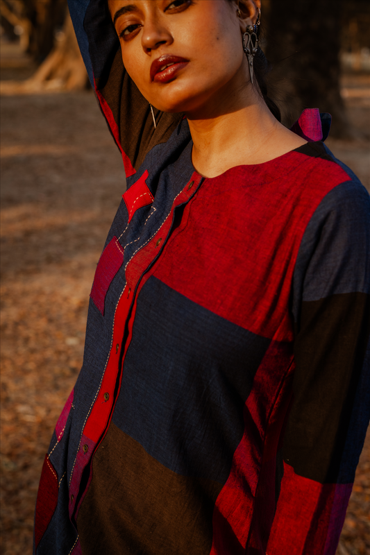 Red-Blue Checks Hand Embroidered Handloom Cotton Half & Half Kurta