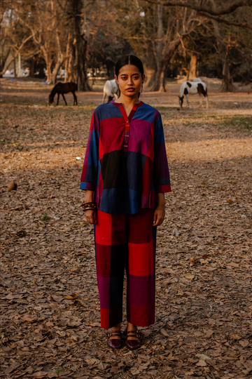 Red-Blue Checks Handloom Cotton Antifit Co-ord Set with Button Detailing (set of 2)