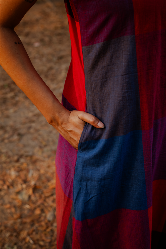 Red-Blue Checks Handloom Cotton Halter Neck Dress