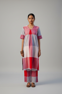 Red-White Checks Hand Embroidered Handloom Cotton A-line Dress