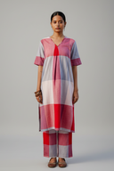 Red-White Checks Hand Embroidered Handloom Cotton A-line Kurta Set (set of 2)