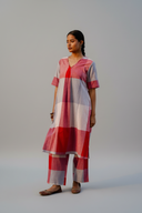 Red-White Checks Hand Embroidered Handloom Cotton A-line Dress