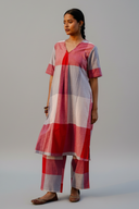 Red-White Checks Hand Embroidered Handloom Cotton A-line Kurta Set (set of 2)