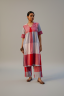 Red-White Checks Hand Embroidered Handloom Cotton A-line Kurta Set (set of 2)