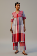 Red-White Checks Hand Embroidered Handloom Cotton A-line Kurta Set (set of 2)