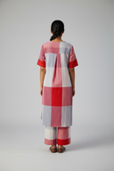 Red-White Checks Hand Embroidered Handloom Cotton A-line Dress