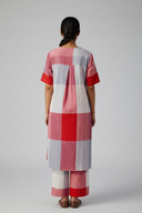 Red-White Checks Hand Embroidered Handloom Cotton A-line Kurta Set (set of 2)