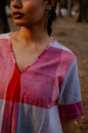 Red-White Checks Hand Embroidered Handloom Cotton A-line Dress