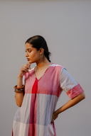 Red-White Checks Hand Embroidered Handloom Cotton A-line Dress