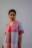 Red-White Checks Hand Embroidered Handloom Cotton A-line Kurta Set (set of 2)