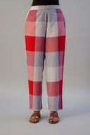 Red-White Checks Hand Embroidered Handloom Cotton A-line Kurta Set (set of 2)