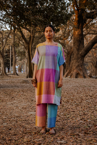 Purple-Blue Pastel Checks Handloom Cotton Antifit Kurta Set (set of 2)