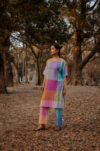 Purple-Blue Pastel Checks Handloom Cotton Antifit Kurta Set (set of 2)