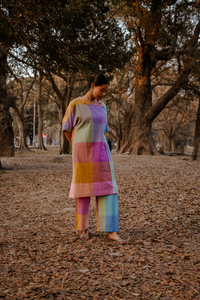 Purple-Blue Pastel Checks Handloom Cotton Antifit Kurta Set (set of 2)